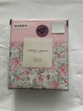 Laura Ashley 883893946262 New 4pc Queen Sheet Set Cottage Aveline Floral With Pink Stripe