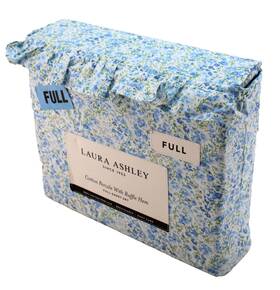 Laura Ashley 883893963504 Full Size Leona Blue Flower 100% Cotton Percale Ruffle Sheet Set