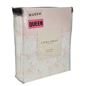 Laura Ashley 883893963559 Cotton Percale Pink Bows Queen Sheet Set Trailing Coquette New