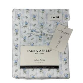 Laura Ashley 883893987067 Twin Cotton Percale Sheet Set Blue Sweet Buds Cottagecore Nwt