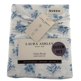 Laura Ashley 883893987135 Victorian Bouquet Cotton Percale Queen Sheet Set Blue Floral