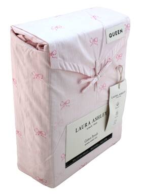 Laura Ashley 883893987180 New Curtsey Bow Queen Size Pink Stripe All-cotton Percale Sheet Set