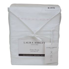 Laura Ashley 883893999596 King Cotton Percale Sheet Set White Embroidered Pink Hearts