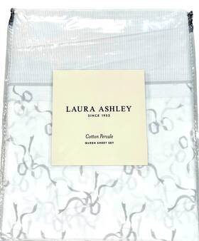A0005068 Laura Ashley Queen Sheet Set Crisp Cotton Percale Trailing Bows Grey Green