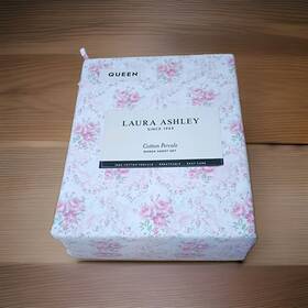 A0006878 Laura Ashley Queen Size Sheet Set Pink Rose Floral 4pc Cotton Percale