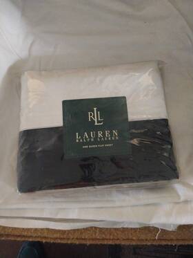 Lauren Ralph 028828208491 White And Black Wentworth Cuff Queen Flat Sheet Nip 100% Cotton
