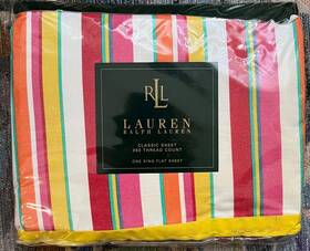 Lauren Ralph 028828265821 245 Nwt King Flat Sheet Beachside Preppy Stripe Red Yellow Paisley