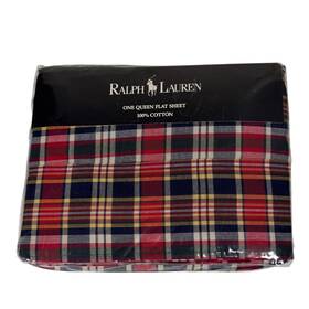 Lauren Ralph 028828425881 Vintage Madras Bright Red Plaid Cotton Queen Size Flat Top Sheet