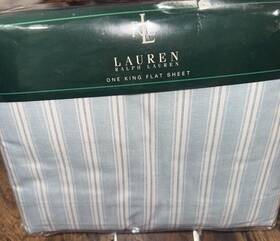 Lauren Ralph 028828482983 King Flat Sheet Hope Chest Stripe Light White Blue Nip Italy