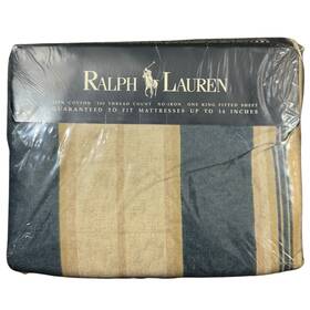 Lauren Ralph 028828637437 King Deep Fitted Sheet 100% Cotton Blue Beige Striped 78 X 80 In