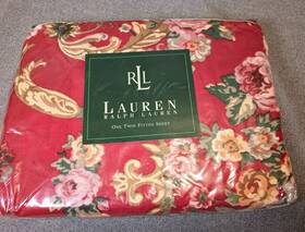 Lauren Ralph 028828935434 Vintage Marseilles Floral Red Twin Deep Fitted Sheet 200 Cotton New