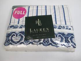 Lauren Ralph 028828935878 New Porcelain Blue White Medallion Stripe Flat Sheet - Full
