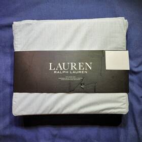 Lauren Ralph 886087337006 3pc Twin White Sheet Set Blue Lenox Stripes Chain Chambray Cotton