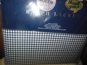 Lauren Ralph 886087355772 Houndstooth Queen Flat Sheet Navy Cream - New