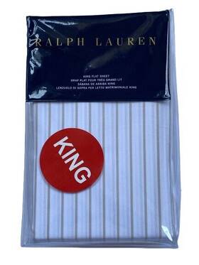 Lauren Ralph 886087384734 Prescot Stripe Summer Beige King Fitted Flat Sheet Cotton New 215