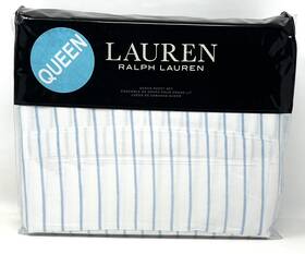 Lauren Ralph 886087389708 Spencer Stripe Cotton Sateen Queen Sheet Set Aqua Blue White 4 Pcs