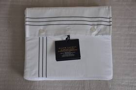 B888 Lauren Ralph 886087402629 New Organic Sateen White Flat King Sheet W Gray Stripe