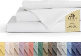 8541805068 Linen Home 100% Cotton Percale Sheets King Size White Deep Pocket 4 Pieces Set - 1 Flat
