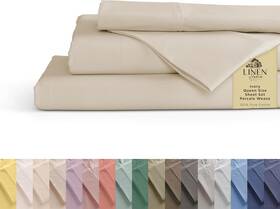 T-lh002ctp200ivrqnss Linen Home 100% Cotton Percale Sheets Queen Size Ivory Deep Pocket 4 Pieces S