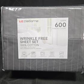 7234820086 Liz Claiborne Queen Sheet Set 600tc 100% Cotton Gray Stripes Wrinkle Free