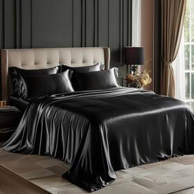 Cca22a1psjtcb0tw Loves Cabin Twin Satin Sheets Sets - 3 Piece Black Silky Bed With Deep Pockets Lu