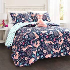 16t004628 Lush Decor Pixie Fox Reversible Quilt Set 3 Piece Twin Navy And Pink