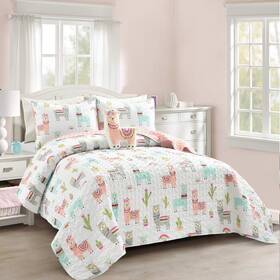 16t005251 Lush Decor Southwest Llama Cactus Quilt 4 Piece Set Full/ Queen White And Bl