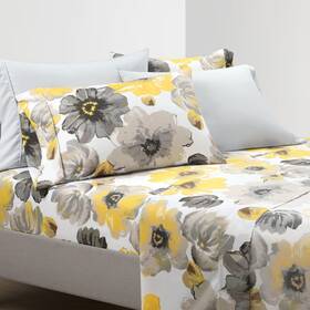 Lush Decor 194938038232 Leah Soft Floral Sheet Set 6 Piece Queen Yellow And Gray - Large Bloom Inch