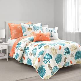 21t010224 Lush Decor Coastal Reef Feather Reversible Quilt Twin/twin-xl Blue And Coral