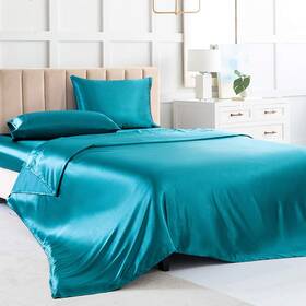 Luxbedding 783907751120 Satin Bed Sheets Full Size Sheet Sets Teal Silk 4 - Pieces Soft Bedding