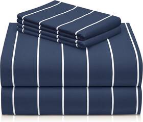 Luxclub 445045664641 4 Pc Queen Size Sheet Set Breathable Luxury Deep Pocket Striped Navy Color