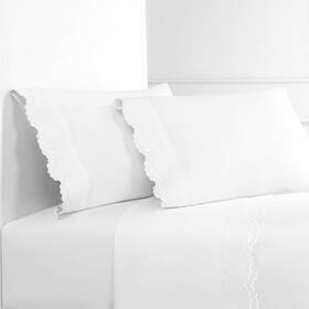 M Lange Home 687145162918 Melange Percale Cotton Double Scalloped Embroidered Qn Queen Sheet Set