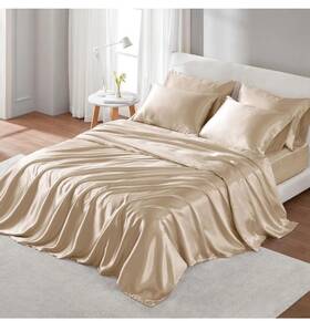 Madison Park 022164438949 Luxurious Champagne Satin King Size Sheets Set - 6 Piece Wrinkle-free Comfort