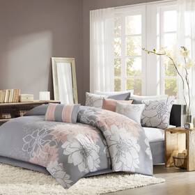79470295 Madison Park 6pc Twin/twin Extra Long Jane Floral Print Comforter Set Gray/blush -