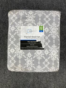 Ms0336111909-47 Mainstays Queen Gray White Snowflake 100% Cotton 4 Piece Flannel Sheet Set New