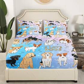 Cyjs7134gyy-cl Manfei Usq Cute Dogs Kids Fitted Sheet Queen Size Corgi Pug Bones Cartoon Bedding Set Gi