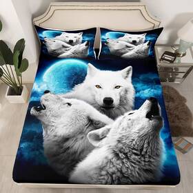 Wws6614clgyy-full Manfei White Wolf 3d Print Fitted Sheet Full Size Night Moon Bedding Set 3pcs