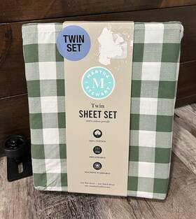Martha Stewart 199165054482 Madison Gingham Twin Sheet Set Green White Cotton Percale New