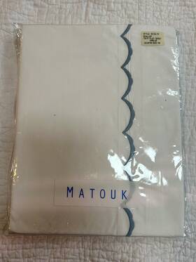Matouk 728455175806 350 Thread Count Long Staple Cotton Twin Flat Sheet Blue Embroidered New