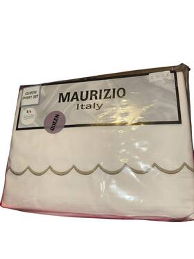 Nsju7526 Maurizio Italy New Queen Sheet Set Gold Scalloped Embroidery White Cotton 4pc