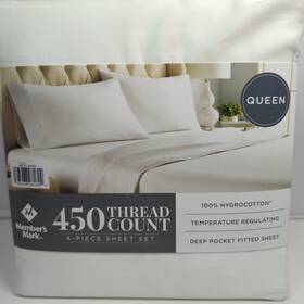 Members Mark 193968281892 450 Thread Count Solid 4 Piece Queen Size Sheet Set Arctic White
