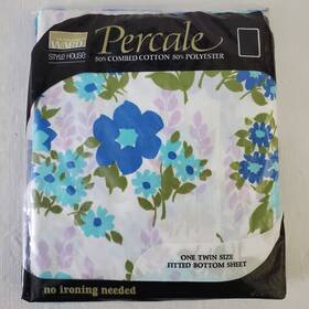 18-324p Montgomery Ward Percale Twin Fitted Sheet White/blue Floral Cotton Blend Vintage
