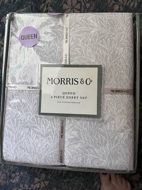 Morris & Co. 119732 And Co. Queen 4-piece Sheet Set 100% Cotton Percale Gray/white Floral