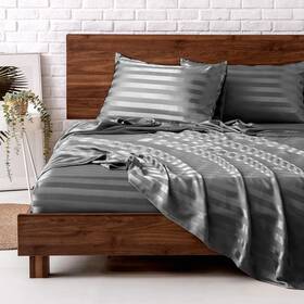 Mr&hm 770773343283 Satin Bed Sheets Queen Size Set 4 05- Striped Dark Grey