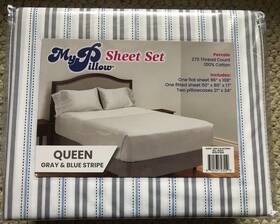 Mypillow 840193723559 Cotton Percale Queen Bed Gray And Blue Stripe Sheet Set With 2 Pillow Cases