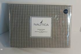 Nautica 085989299935 New Vintage Flat King Sheet 100% Cotton Tattersall Plaid Blue/tan