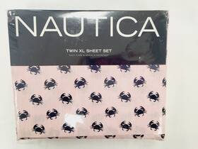 200942 Nautica Twin Xl Sheet Set Pink Pinstripe With Blue Crabs Cotton Blend