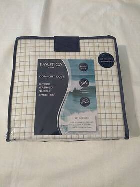 Nautica 883893315457 Altair Plaid Checkered 6 Piece Queen Sheet Set - Nip Beige Blue
