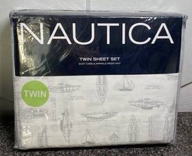 Nautica 883893315525 Twin Sheet Set Nip Captains Gig Ship Illustration Easy Care Cotton Blend