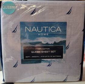 Nautica 883893911932 Boat Stripe Queen Sheet Set 100% Cotton White/aqua Blue Sailboats